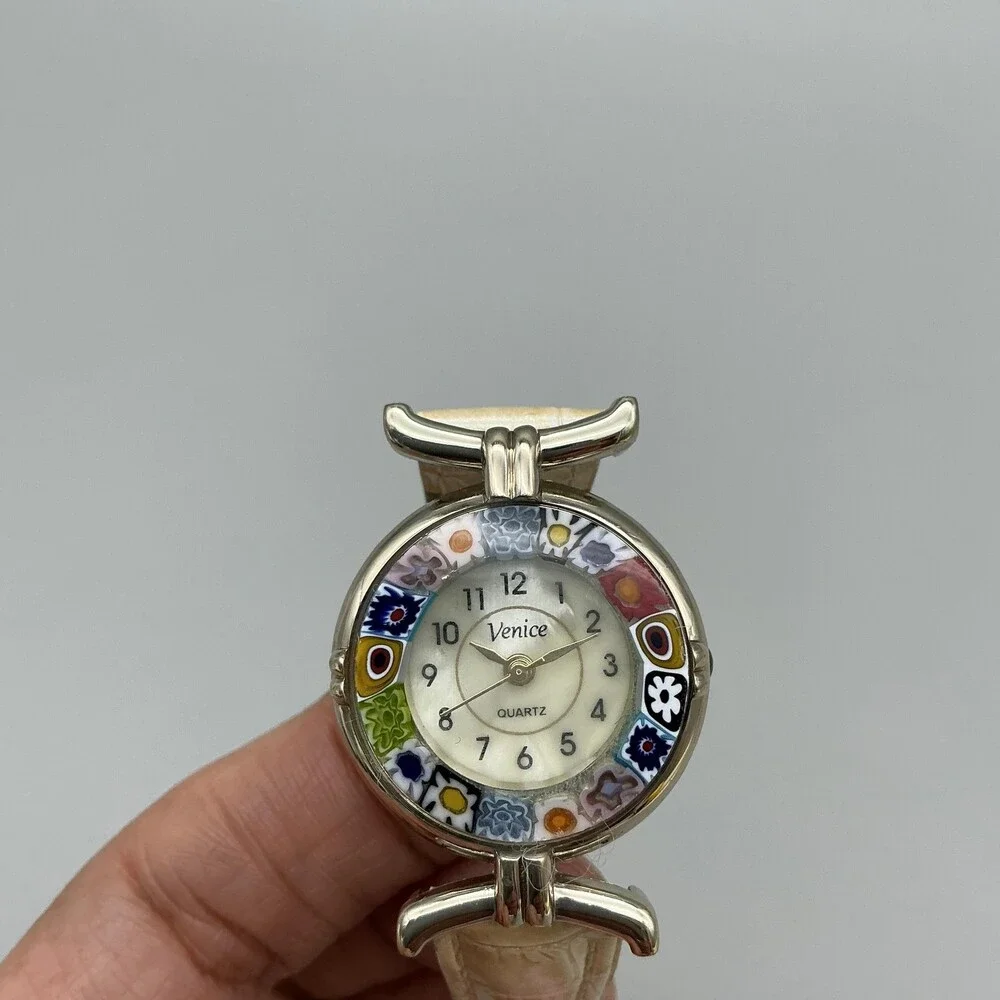 Venice Womens Watch 27mm Multicolor Floral Bezel Gold Tone Leather New Battery